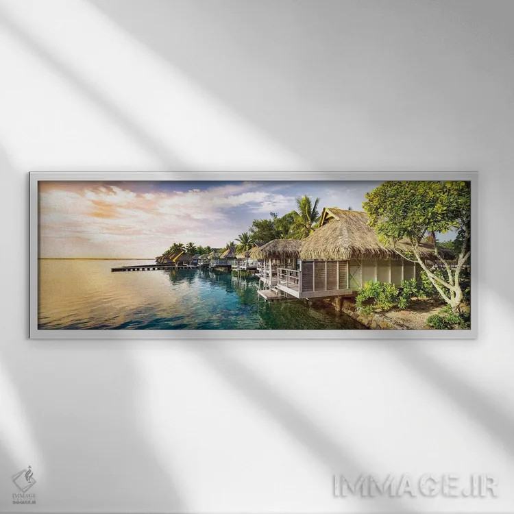 تابلو Moorea Island, French Polynesia,ویلاهای روی آب هنگام غروب، جزیره مورئا، پلینزی فرانسه اثر یان بکه - نمای قابدار سفید
