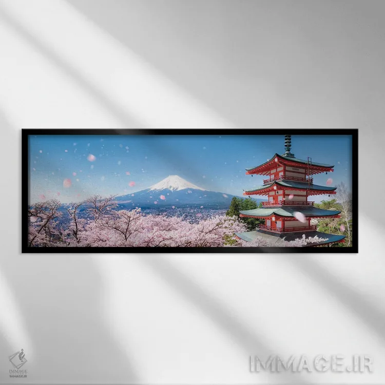 تابلو پاگودای چوریتو و کوه فوجی در فصل شکوفههای گیلاس اثر یان بکه - نمای قابدار مشکی
