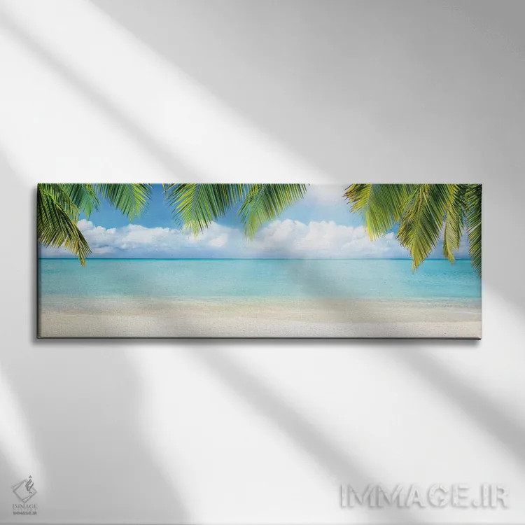 تابلو ساحل استوایی با شن سفید و دریای فیروزهای اثر یان بکه - نمای روبهرو روی دیوار