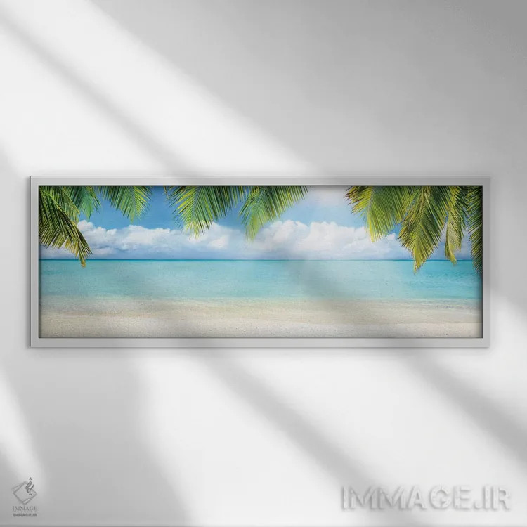 تابلو ساحل استوایی با شن سفید و دریای فیروزهای اثر یان بکه - نمای قابدار سفید