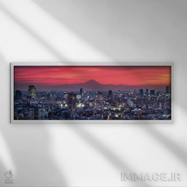 تابلو پانورامای افق توکیو هنگام غروب با منظره کوه فوجی اثر یان بکه - نمای قابدار سفید