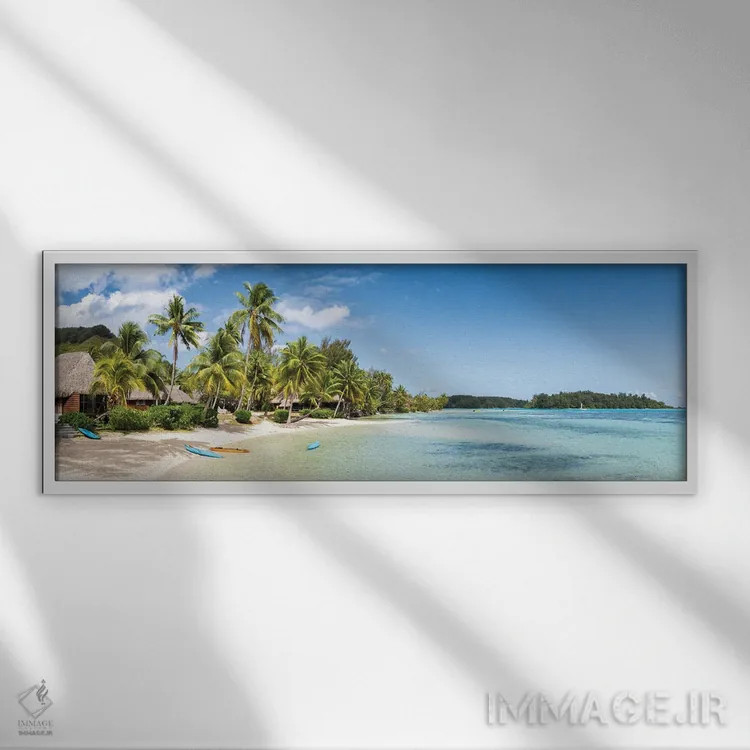 تابلو French Polynesia,پانورامای ساحل استوایی در جزیره مورئا، پلینزی فرانسه اثر یان بکه - نمای قابدار سفید