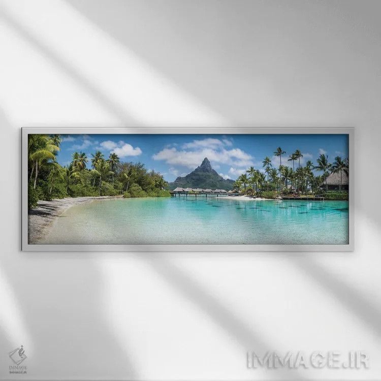 تابلو پانورامای بورا بورا با منظره کوه اوتِمانو اثر یان بکه - نمای قابدار سفید