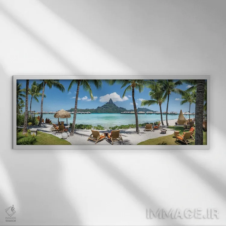 تابلو Bora Bora, French Polynesia,نمای پانورامیک کوه اوتِمانو و تالاب آبی بورا بورا، پلینزی فرانسه اثر یان بکه - نمای قابدار سفید