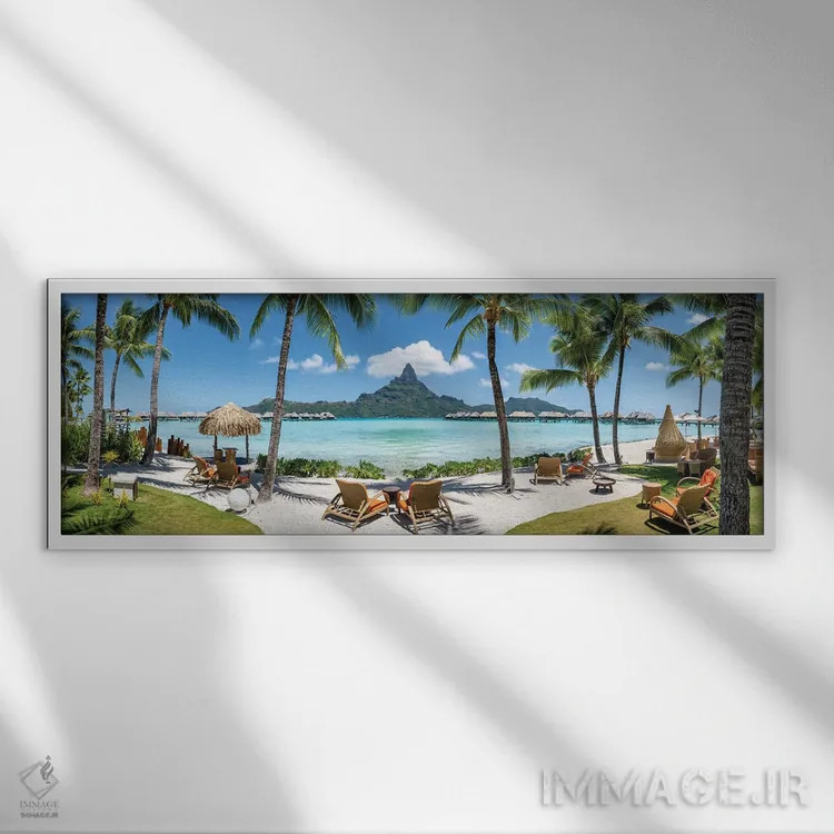 تابلو Bora Bora, French Polynesia,نمای پانورامیک کوه اوتِمانو و تالاب آبی بورا بورا، پلینزی فرانسه اثر یان بکه - نمای قابدار سفید