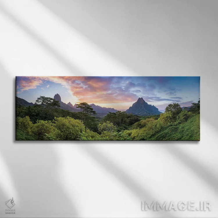 تابلو French Polynesia,منظره پانورامیک غروب کوه روتویی در مورئا، پلینزی فرانسه اثر یان بکه - نمای روبهرو روی دیوار