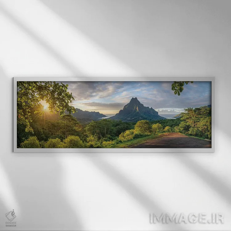 تابلو Moorea, French Polynesia,چشمانداز بلودره با کوه روتویی هنگام غروب، مورئا، پلینزی فرانسه اثر یان بکه - نمای قابدار سفید