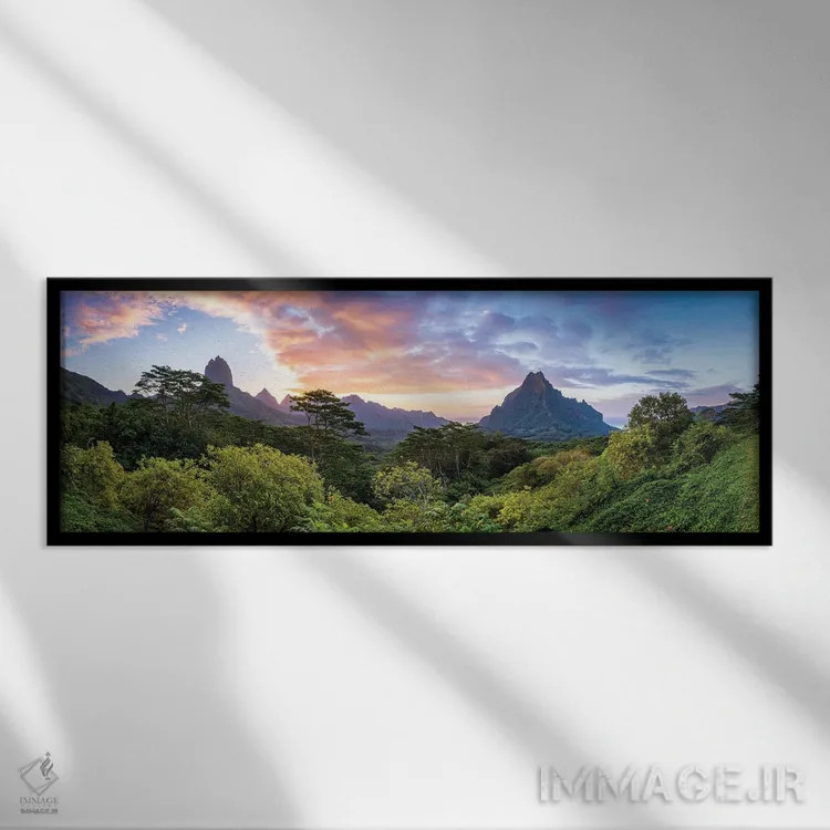 تابلو French Polynesia,منظره پانورامیک غروب کوه روتویی در مورئا، پلینزی فرانسه اثر یان بکه - نمای قابدار مشکی