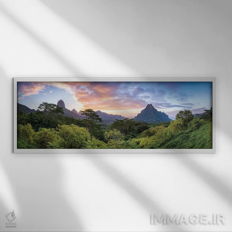 تابلو French Polynesia,منظره پانورامیک غروب کوه روتویی در مورئا، پلینزی فرانسه اثر یان بکه - نمای قابدار سفید