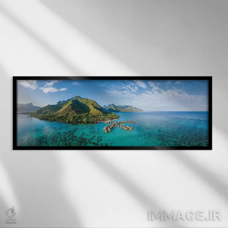 تابلو French Polynesia,منظره هوایی جزیره مورئا، پلینزی فرانسه اثر یان بکه - نمای قابدار مشکی