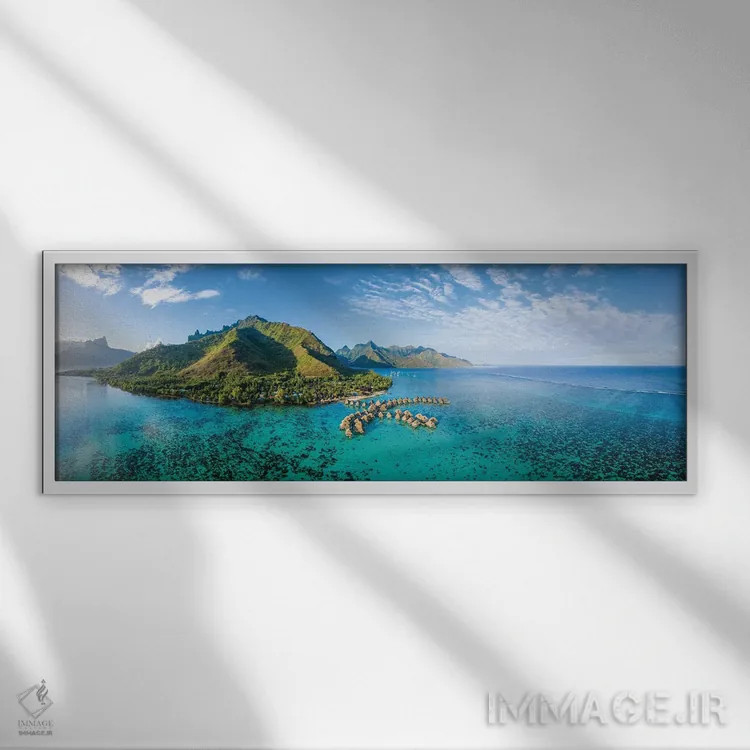 تابلو French Polynesia,منظره هوایی جزیره مورئا، پلینزی فرانسه اثر یان بکه - نمای قابدار سفید