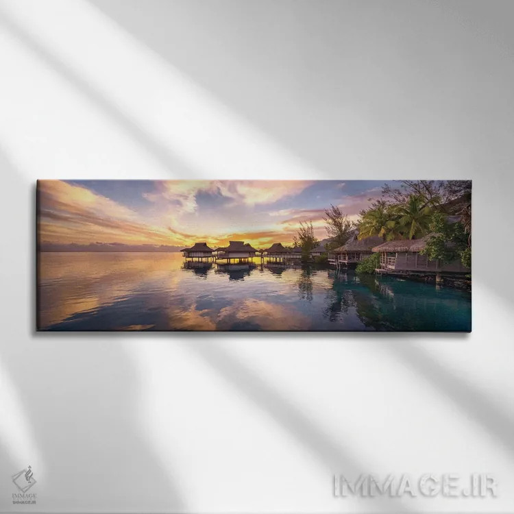 تابلو French Polynesia,غروب آفتاب در یک اقامتگاه ساحلی لوکس در بورا بورا، پلینزی فرانسه اثر یان بکه - نمای روبهرو روی دیوار