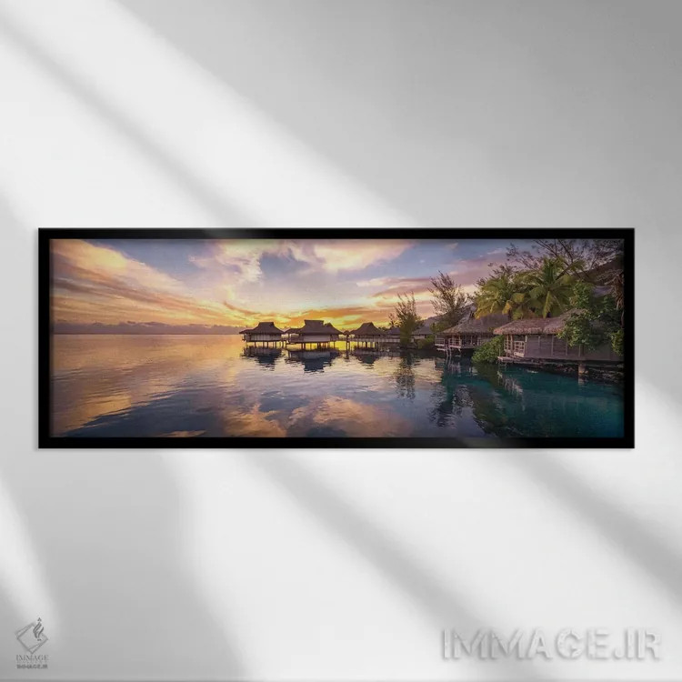 تابلو French Polynesia,غروب آفتاب در یک اقامتگاه ساحلی لوکس در بورا بورا، پلینزی فرانسه اثر یان بکه - نمای قابدار مشکی