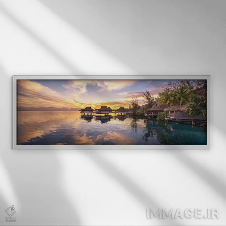 تابلو French Polynesia,غروب آفتاب در یک اقامتگاه ساحلی لوکس در بورا بورا، پلینزی فرانسه اثر یان بکه - نمای قابدار سفید