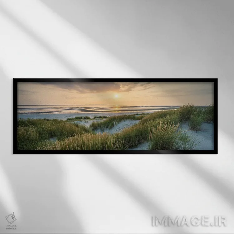 تابلو منظره پانورامای زیبای ساحل تپه شنی در غروب با نور گرم عصرگاهی اثر یان بکه - نمای قابدار مشکی