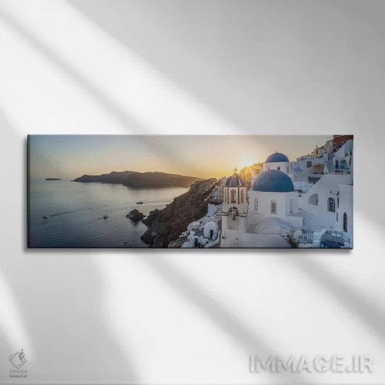 تابلو Greece,پانورامای غروب آفتاب در اویا، سانتورینی، یونان اثر یان بکه - نمای روبهرو روی دیوار