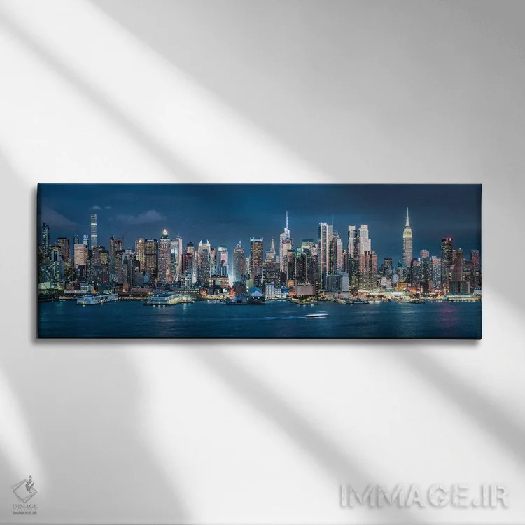 تابلو پانورامای افق منهتن در شب اثر یان بکه - نمای روبهرو روی دیوار