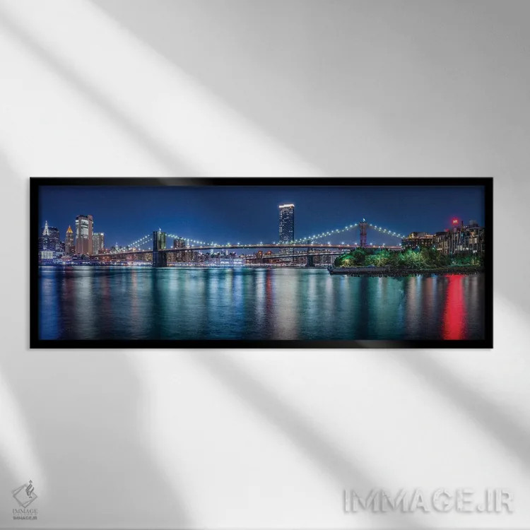 تابلو پانورامای پل بروکلین در شب اثر یان بکه - نمای قابدار مشکی