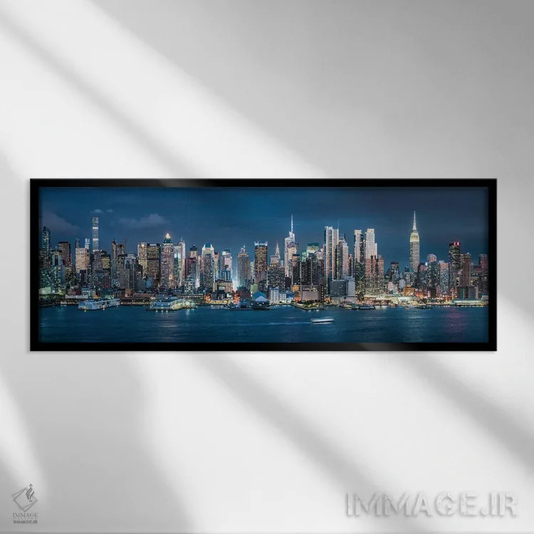 تابلو پانورامای افق منهتن در شب اثر یان بکه - نمای قابدار مشکی