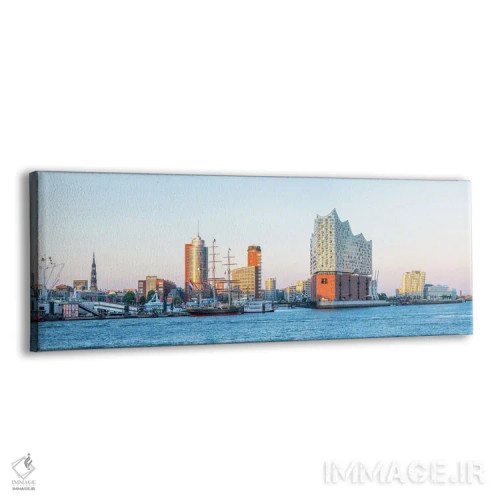 تابلو سالن کنسرت البهارمونی و بندر هامبورگ هنگام غروب آفتاب اثر یان بکه - نمای پرسپکتیو محصول