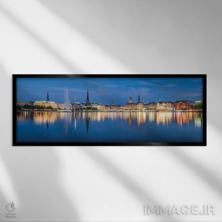 تابلو نمای پانورامایی از دریاچه اینر آلستر (بیننالستر) در شب اثر یان بکه - نمای قابدار مشکی