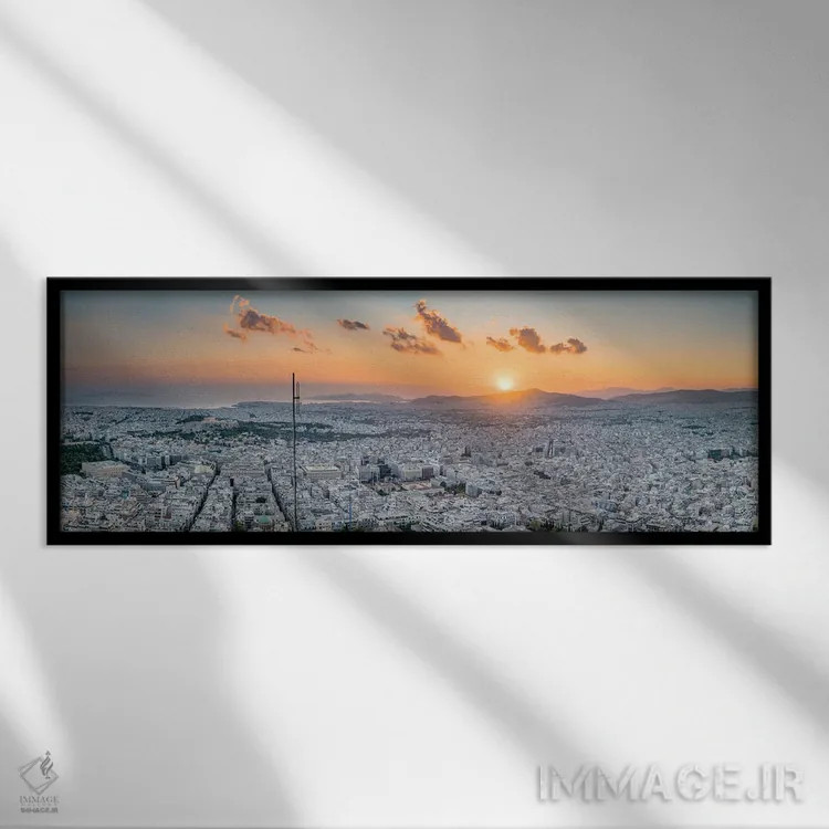 تابلو افق آتن هنگام غروب دیده شده از بالای تپه لوکابتوس اثر یان بکه - نمای قابدار مشکی