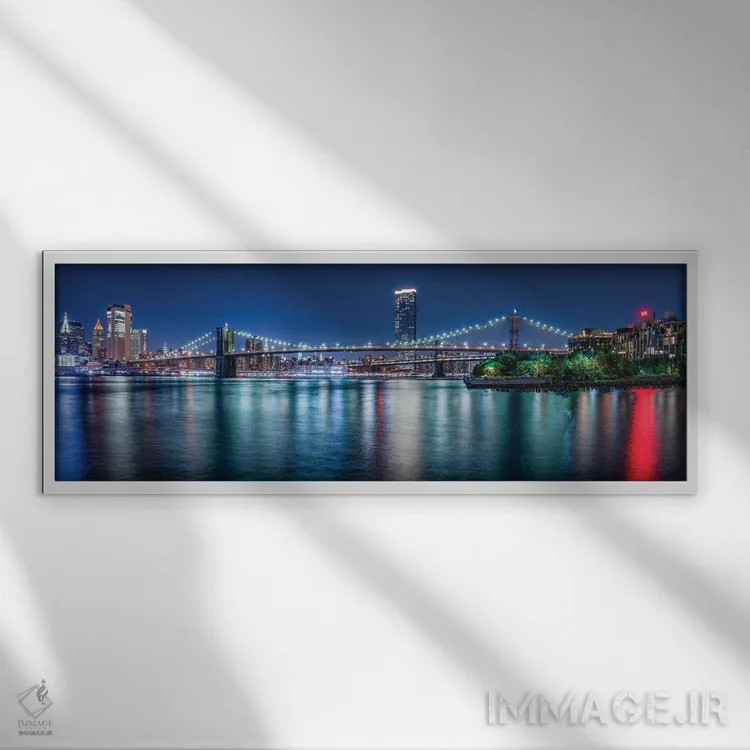 تابلو پانورامای پل بروکلین در شب اثر یان بکه - نمای قابدار سفید
