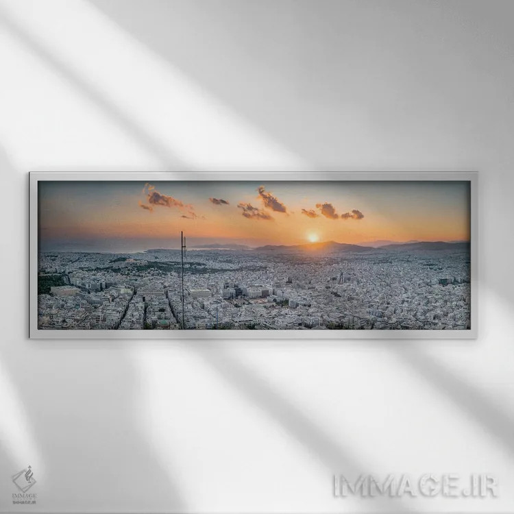 تابلو افق آتن هنگام غروب دیده شده از بالای تپه لوکابتوس اثر یان بکه - نمای قابدار سفید