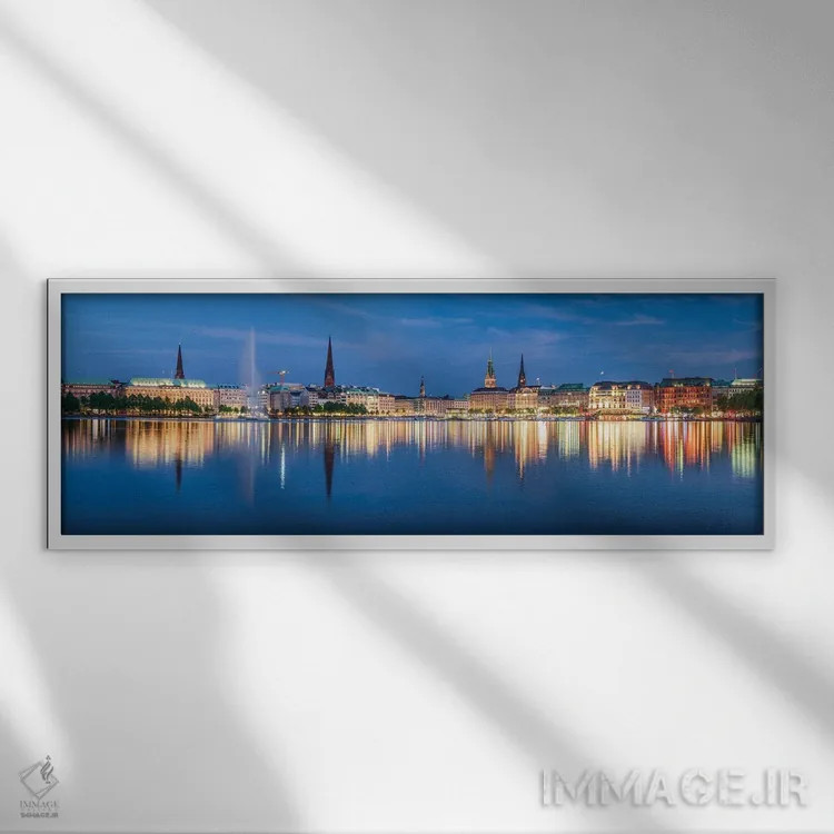 تابلو نمای پانورامایی از دریاچه اینر آلستر (بیننالستر) در شب اثر یان بکه - نمای قابدار سفید