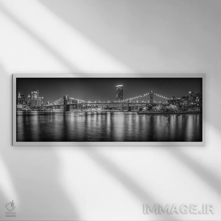 تابلو New York City, USA,پانورامای پل بروکلین به صورت سیاه و سفید، نیویورک، آمریکا اثر یان بکه - نمای قابدار سفید