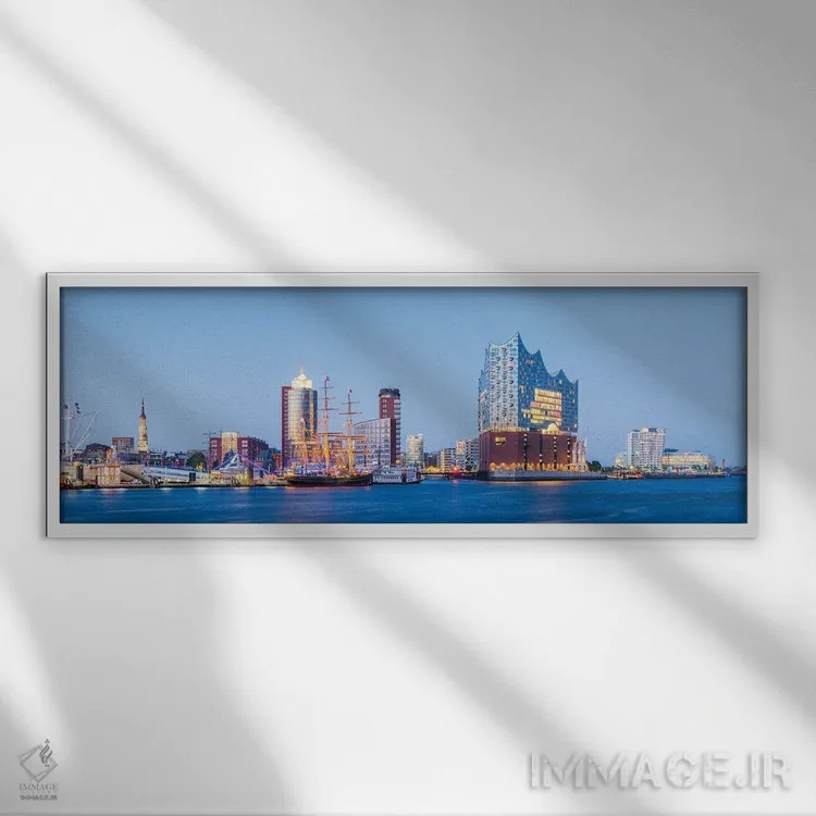 تابلو سالن کنسرت البهارمونی و بندر هامبورگ در شب اثر یان بکه - نمای قابدار سفید