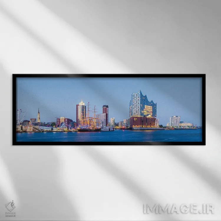 تابلو سالن کنسرت البهارمونی و بندر هامبورگ در شب اثر یان بکه - نمای قابدار مشکی