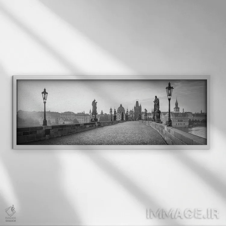 تابلو Prague, Czech Republic,پانورامای پل چارلز به صورت سیاه و سفید، پراگ، جمهوری چک اثر یان بکه - نمای قابدار سفید