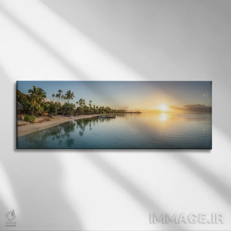 تابلو Moorea Island, French Polynesia,پانورامای ساحل استوایی هنگام طلوع آفتاب، جزیره مورئا، پلینزی فرانسه اثر یان بکه - نمای روبهرو روی دیوار