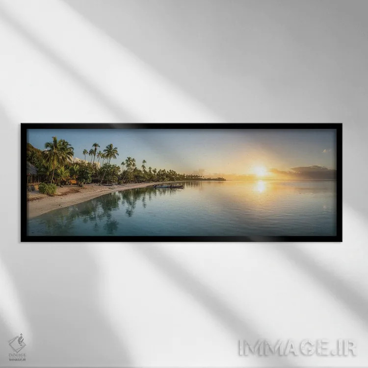 تابلو Moorea Island, French Polynesia,پانورامای ساحل استوایی هنگام طلوع آفتاب، جزیره مورئا، پلینزی فرانسه اثر یان بکه - نمای قابدار مشکی
