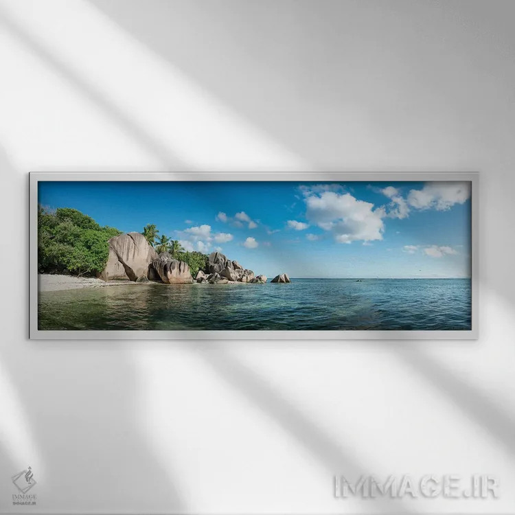 تابلو Seychelles,پانورامای ساحل استوایی در جزیره لا دیگو، سیشل اثر یان بکه - نمای قابدار سفید