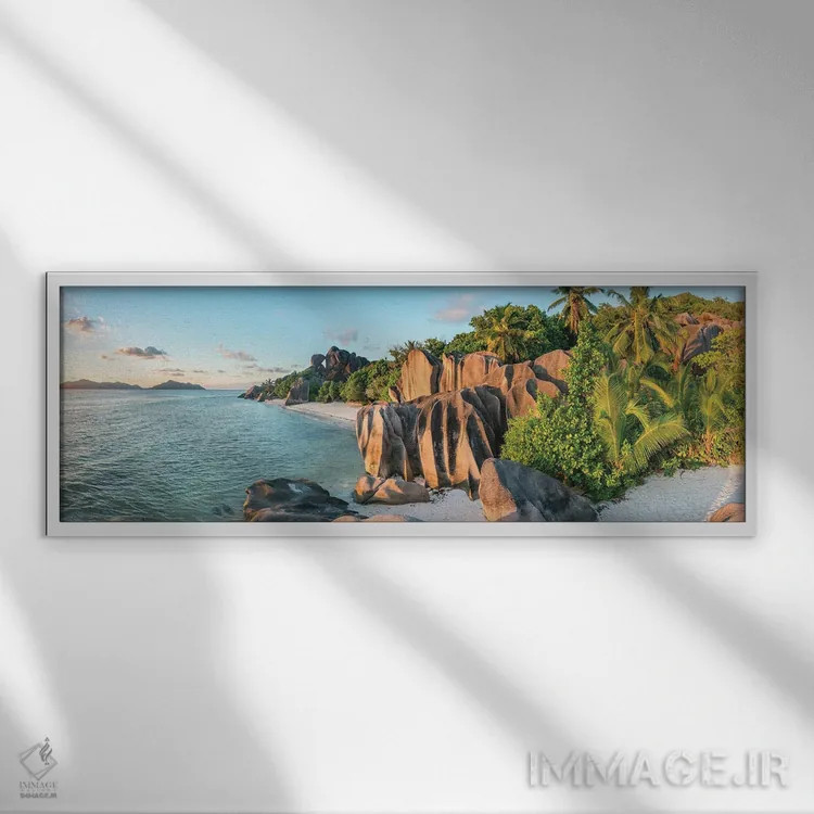 تابلو La Digue, Seychelles,ساحل آنس سورس دارژان هنگام غروب، لا دیگو، سیشل اثر یان بکه - نمای قابدار سفید