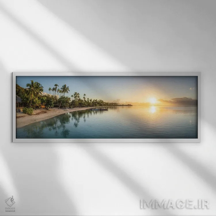 تابلو Moorea Island, French Polynesia,پانورامای ساحل استوایی هنگام طلوع آفتاب، جزیره مورئا، پلینزی فرانسه اثر یان بکه - نمای قابدار سفید