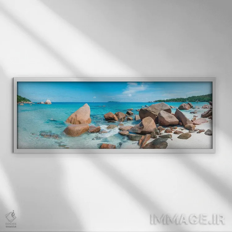 تابلو Praslin Island, Seychelles,پانورامای ساحل آنس لازیو، جزیره پراسلین، سیشل اثر یان بکه - نمای قابدار سفید