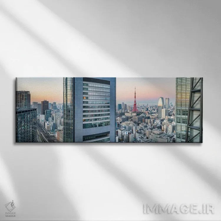 تابلو پانورامای افق توکیو با برج توکیو و ساختمانهای مدرن اداری اثر یان بکه - نمای روبهرو روی دیوار
