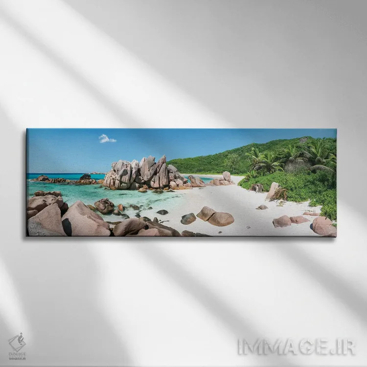 تابلو La Digue Island, Seychelles,نمای پانورامای ساحل آنس کوکوس، جزیره لا دیگو، سیشل اثر یان بکه - نمای روبهرو روی دیوار