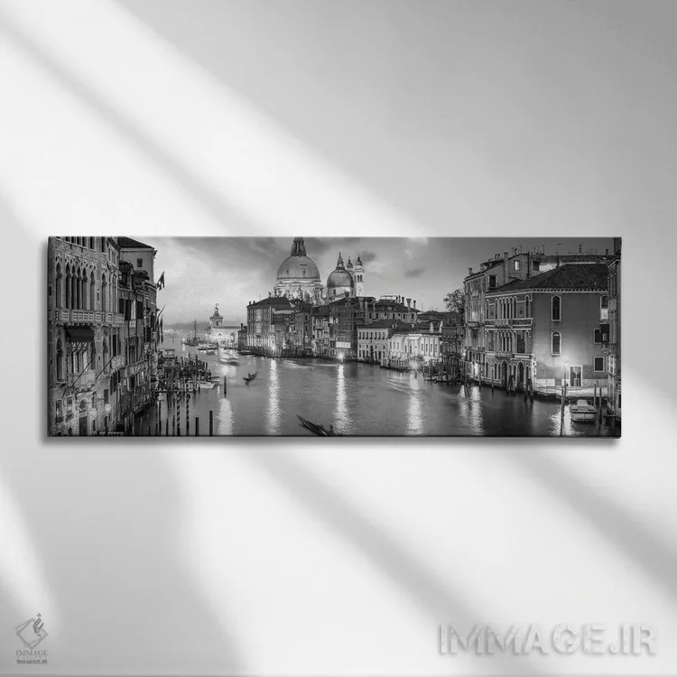 تابلو Venice, Italy,پانورامای کانال گراند به صورت سیاه و سفید، ونیز، ایتالیا اثر یان بکه - نمای روبهرو روی دیوار