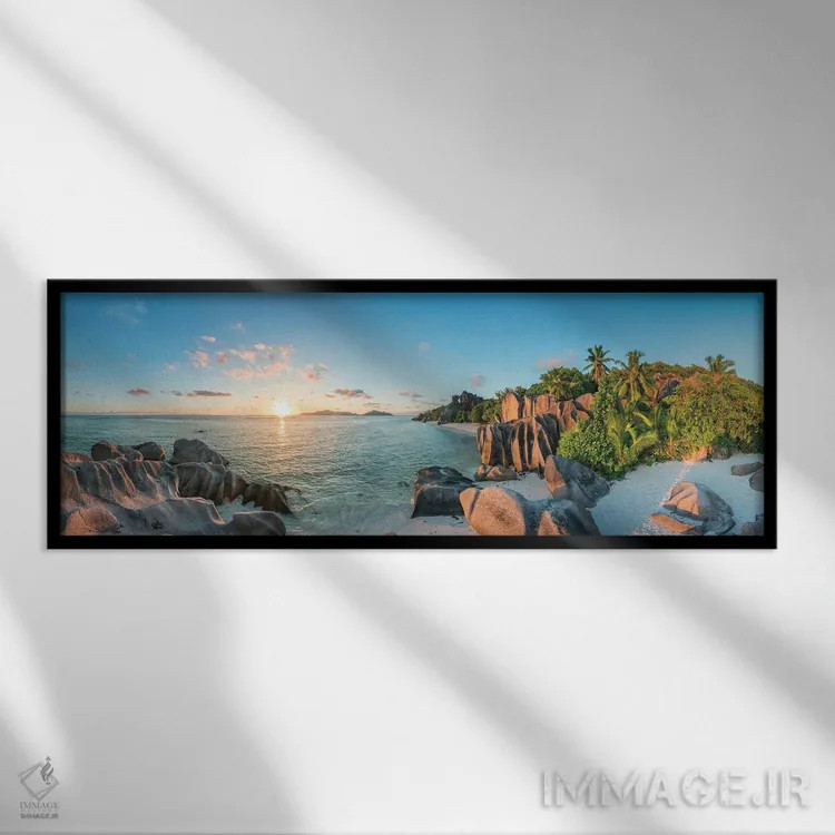 تابلو Seychelles,پانورامای غروب در ساحل آنس سورس دارژان، جزیره لا دیگو، سیشل اثر یان بکه - نمای قابدار مشکی