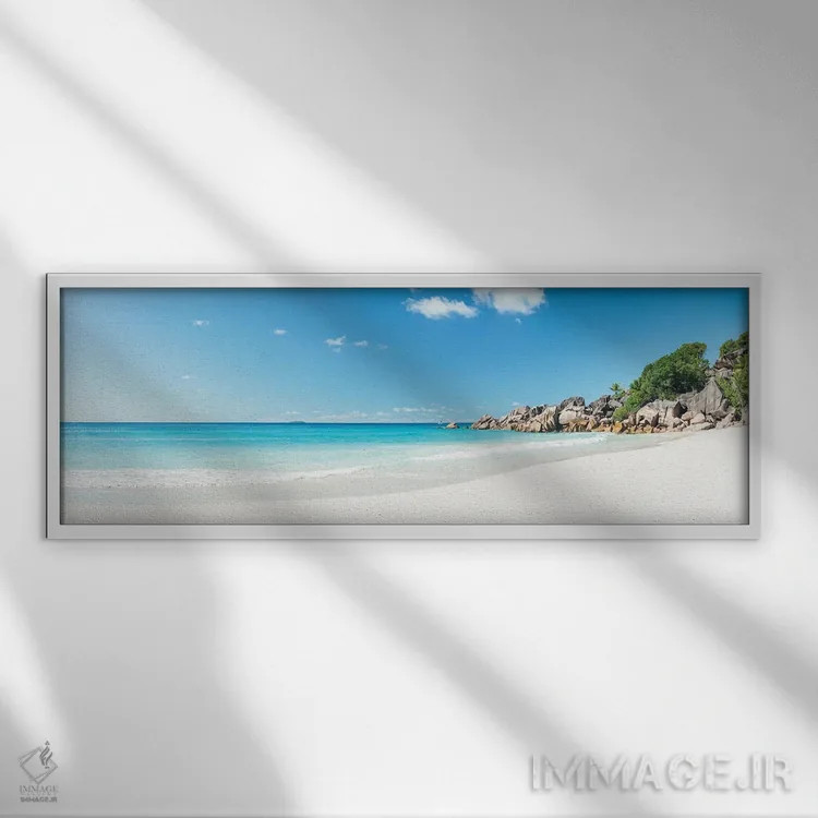 تابلو La Digue, Seychelles,پانورامای ساحل گراند آنس، لا دیگو، سیشل اثر یان بکه - نمای قابدار سفید