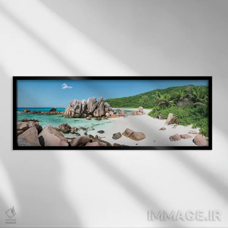 تابلو La Digue Island, Seychelles,نمای پانورامای ساحل آنس کوکوس، جزیره لا دیگو، سیشل اثر یان بکه - نمای قابدار مشکی