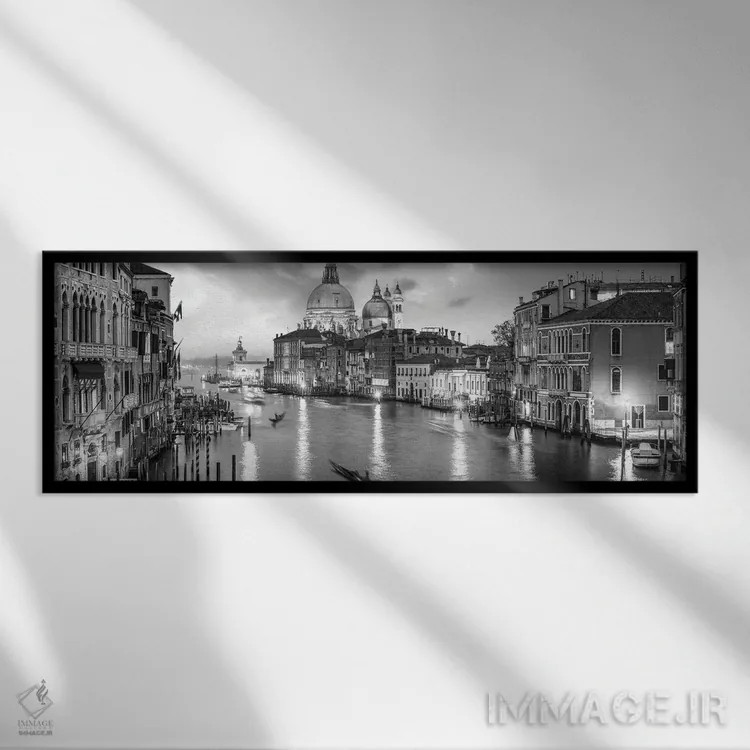 تابلو Venice, Italy,پانورامای کانال گراند به صورت سیاه و سفید، ونیز، ایتالیا اثر یان بکه - نمای قابدار مشکی