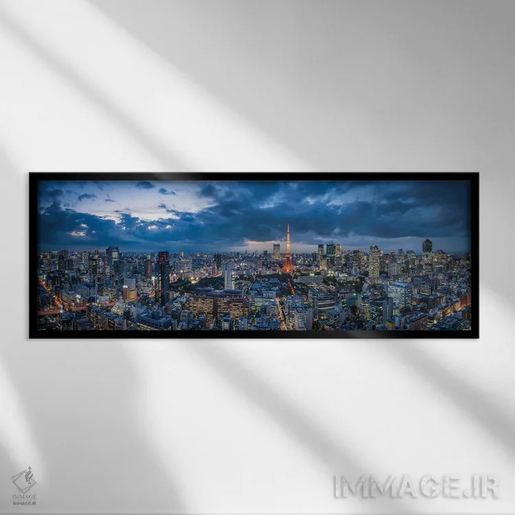تابلو پانورامای افق توکیو در شب با دید برج توکیو اثر یان بکه - نمای قابدار مشکی