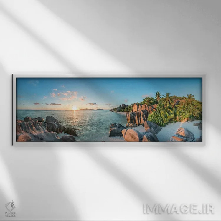 تابلو Seychelles,پانورامای غروب در ساحل آنس سورس دارژان، جزیره لا دیگو، سیشل اثر یان بکه - نمای قابدار سفید