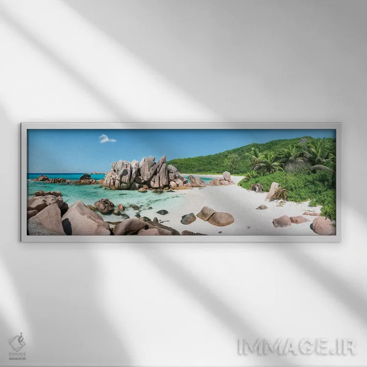 تابلو La Digue Island, Seychelles,نمای پانورامای ساحل آنس کوکوس، جزیره لا دیگو، سیشل اثر یان بکه - نمای قابدار سفید