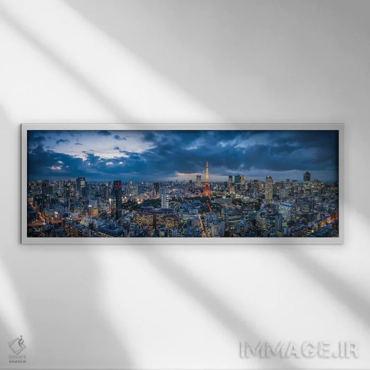 تابلو پانورامای افق توکیو در شب با دید برج توکیو اثر یان بکه - نمای قابدار سفید
